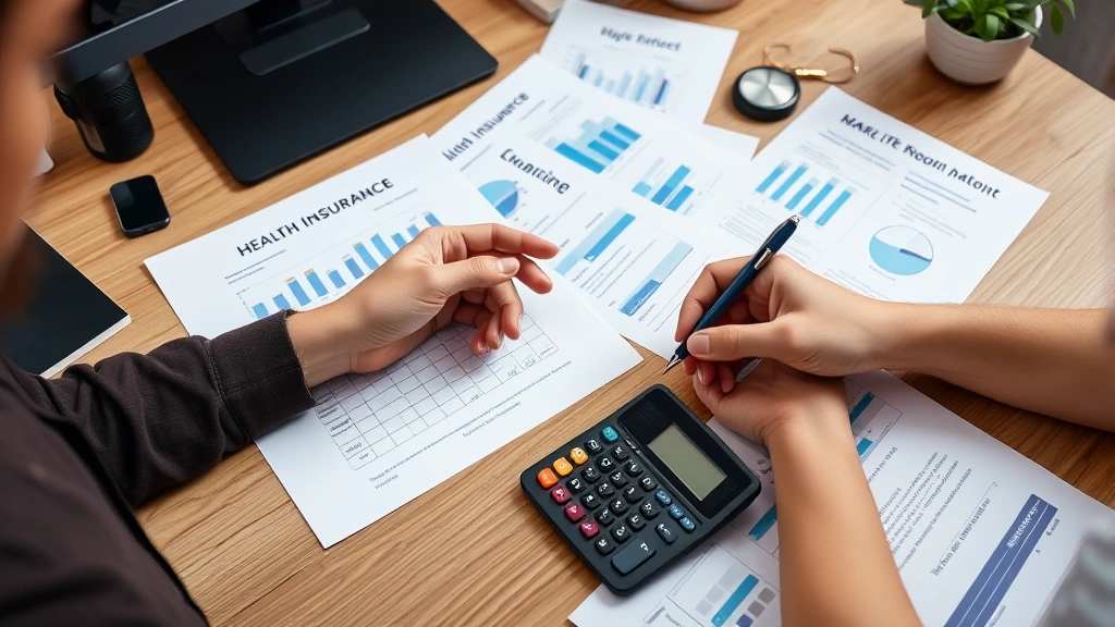Person reviewing health insurance documents and medical bills at home office desk with calculator, pen, and financial planning documents spread out