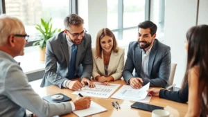 Professional financial advisor meeting with diverse clients in modern office, reviewing investment portfolio documents on desk, natural lighting, confident expressions, wealth building discussion