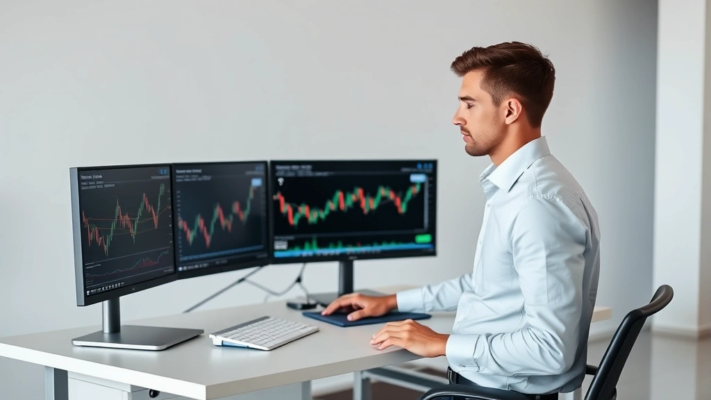 Young professional working at standing desk with multiple monitors displaying financial charts and investment data, modern minimalist workspace, focused concentration, success atmosphere