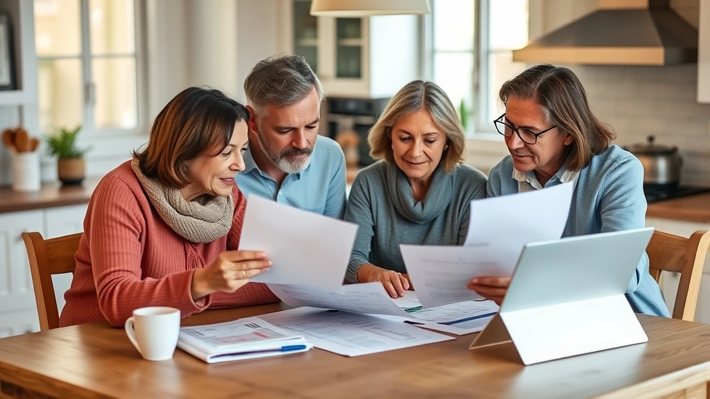 Multi-generational family reviewing financial documents together at kitchen table, parents and adult children discussing investment strategy, warm lighting, collaborative planning moment