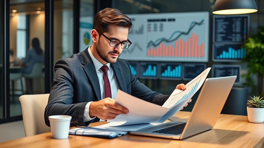Professional man in business attire reviewing financial documents and investment portfolio at modern office desk with laptop and charts visible in background