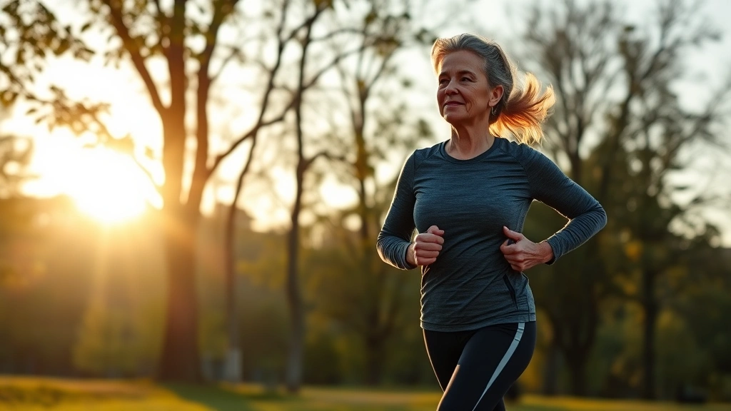 Active healthy middle-aged woman jogging outdoors in park during sunrise with trees and natural landscape, representing wellness and vitality