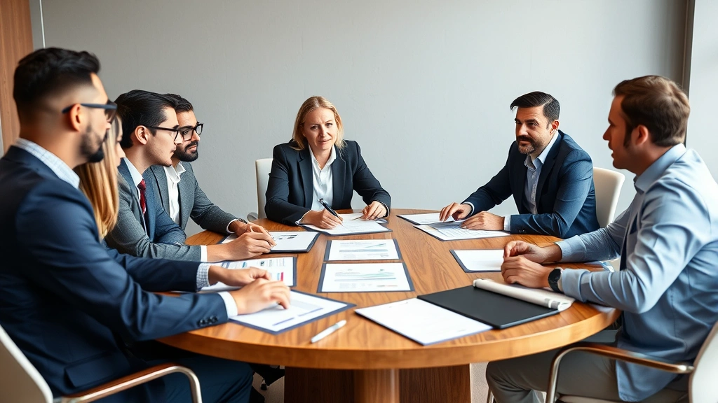 Diverse group of professionals in business meeting discussing financial planning and wealth strategy around conference table with documents