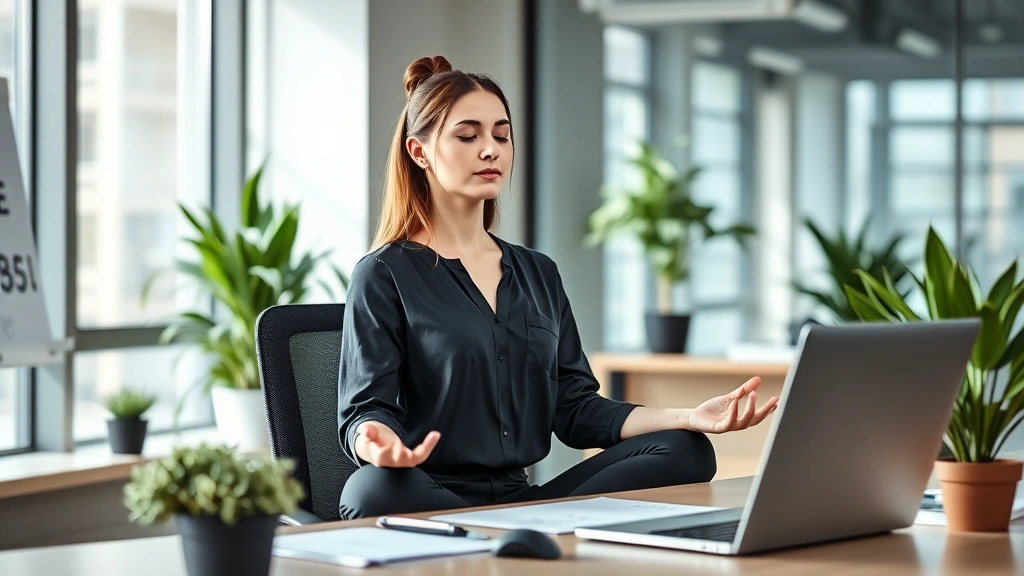 Professional woman in modern office environment meditating at desk during work break, calm focused expression, natural lighting from window, minimalist workspace with plants