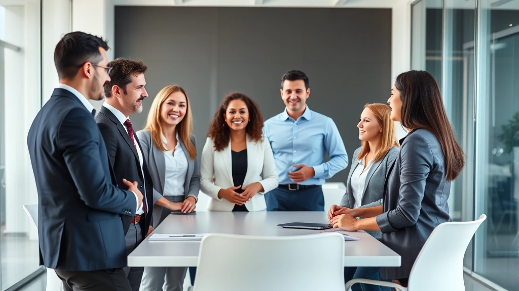 Diverse group of professionals in business casual clothing having collaborative discussion in bright conference room, engaged and positive body language, modern office setting