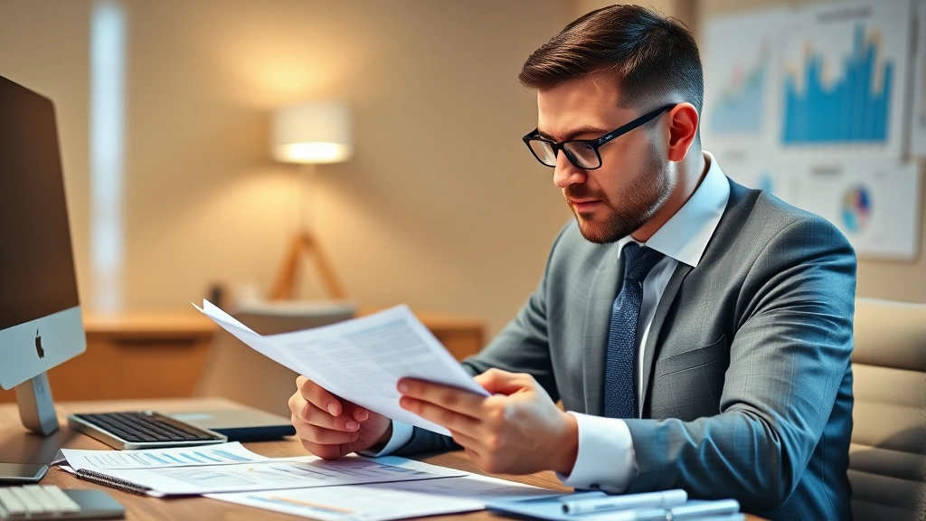 Male financial advisor in professional attire reviewing documents at desk with calm focused demeanor, organized workspace with charts and reports, professional confidence evident