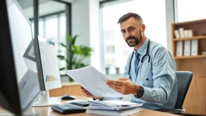 Professional healthcare worker in modern medical office reviewing financial documents and investment portfolio on computer, confident expression, natural lighting through windows