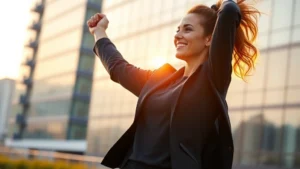 Professional woman in business attire exercising at sunrise, energetic and confident, modern office building in background, representing health and career success