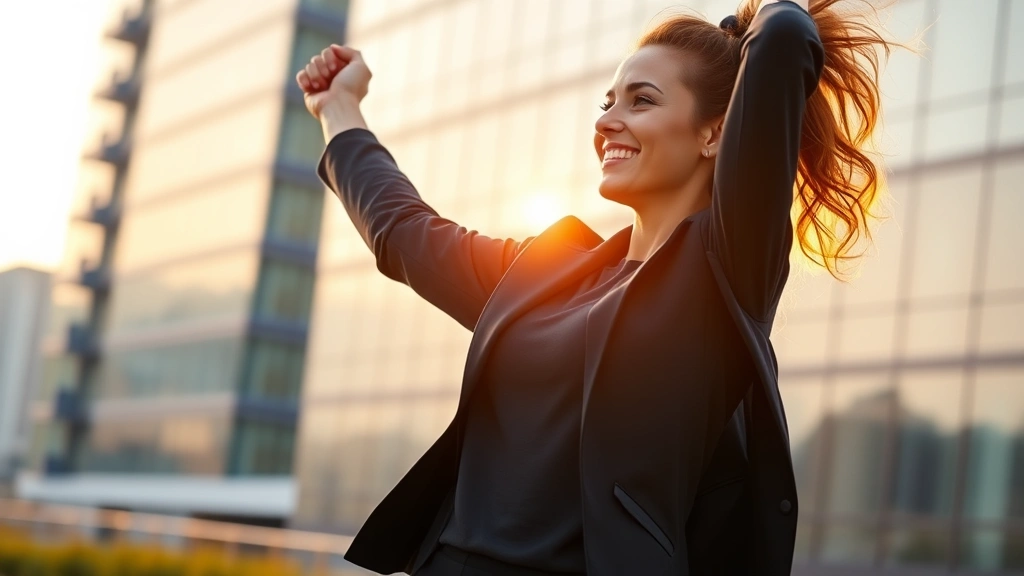 Professional woman in business attire exercising at sunrise, energetic and confident, modern office building in background, representing health and career success