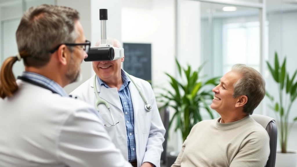 Middle-aged man receiving preventive health screening with healthcare provider, modern clinic setting, positive interaction showing proactive wellness care