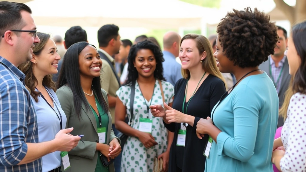 Diverse group of healthy professionals networking at wellness event, outdoor venue, smiling and engaged, representing community health and career advancement opportunities