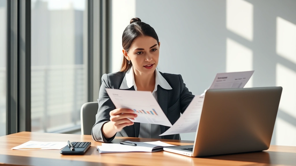 Professional woman in business attire reviewing financial documents at modern desk with laptop, natural sunlight, confident expression, neutral background