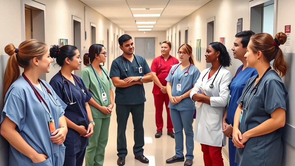 Diverse group of healthcare professionals in scrubs having collaborative discussion in modern hospital corridor, welcoming environment, focused expressions