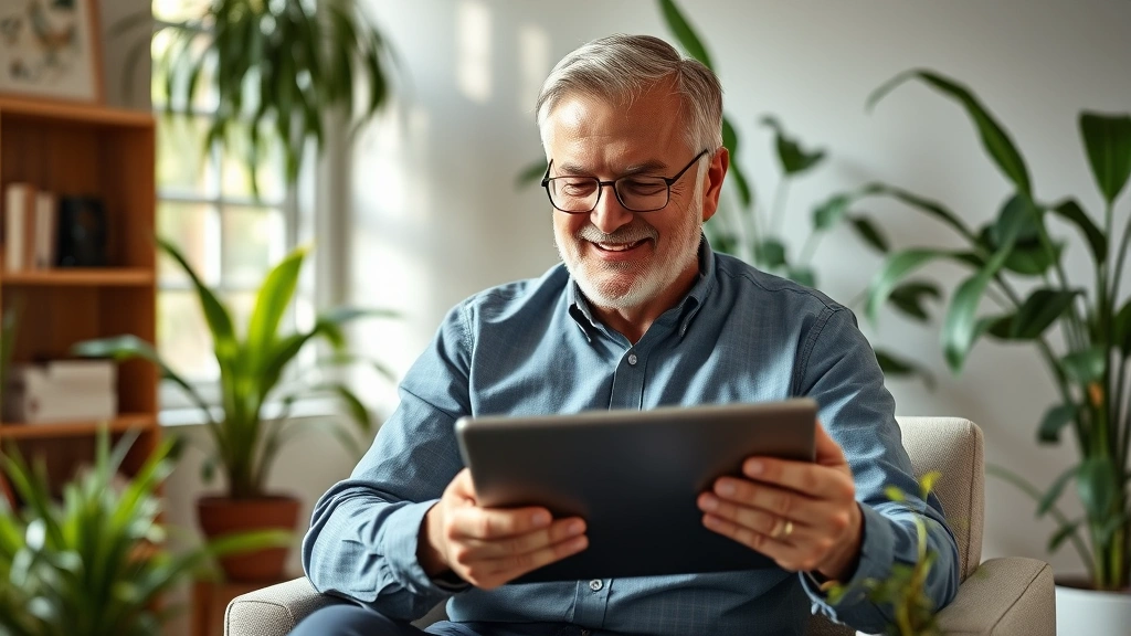 Mature professional man reviewing retirement portfolio on tablet in home office, surrounded by plants, natural lighting, satisfied demeanor