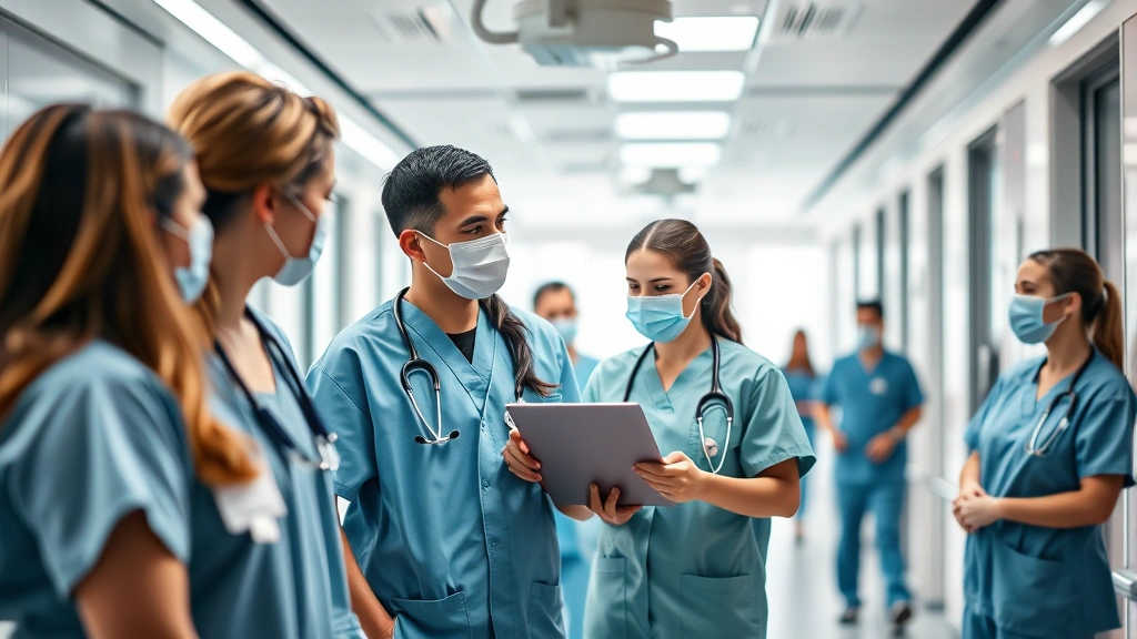 Professional healthcare worker in modern hospital setting with colleagues collaborating in bright, contemporary medical facility - showing teamwork, professional environment, and modern healthcare infrastructure