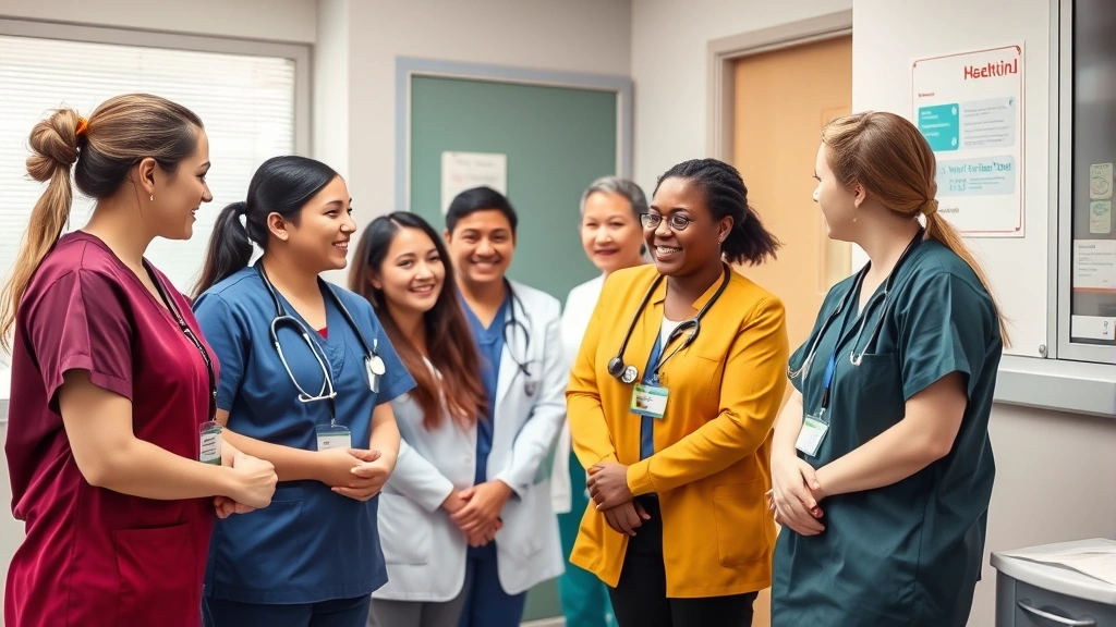 Diverse group of healthcare professionals in clinical setting discussing patient care with satisfied expressions - representing career growth, mentorship, and collaborative healthcare environment