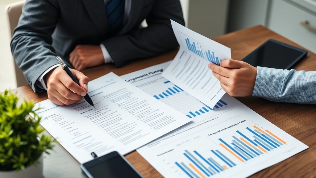 Financial planning workspace with professional reviewing compensation package documents and career advancement materials - representing negotiation, financial planning, and career decision-making