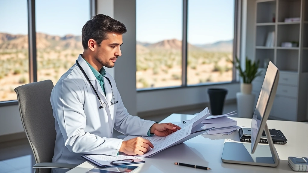 Professional healthcare worker in modern clinic environment, wearing white coat, reviewing patient charts at organized desk with natural lighting, modern high desert landscape visible through windows behind