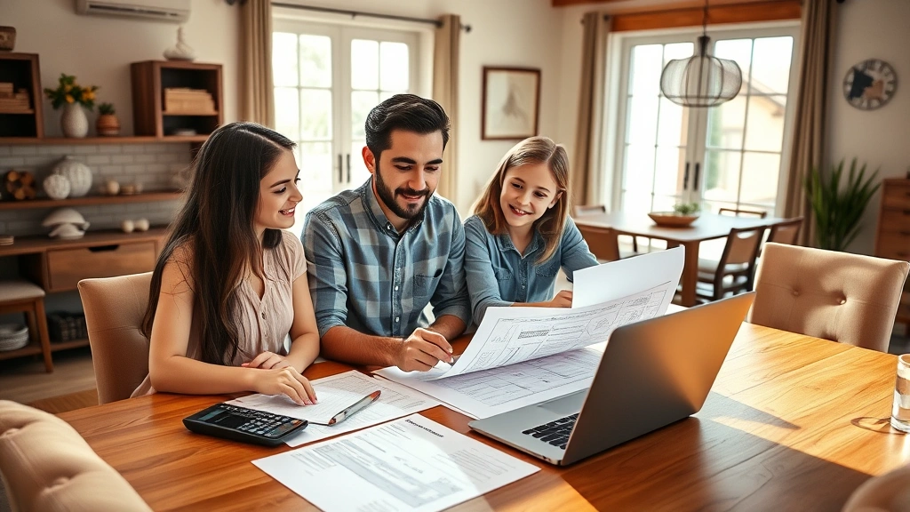Young family reviewing financial documents and blueprints at dining table with laptop and calculator, natural sunlight streaming in, contemporary home interior with southwestern aesthetic elements