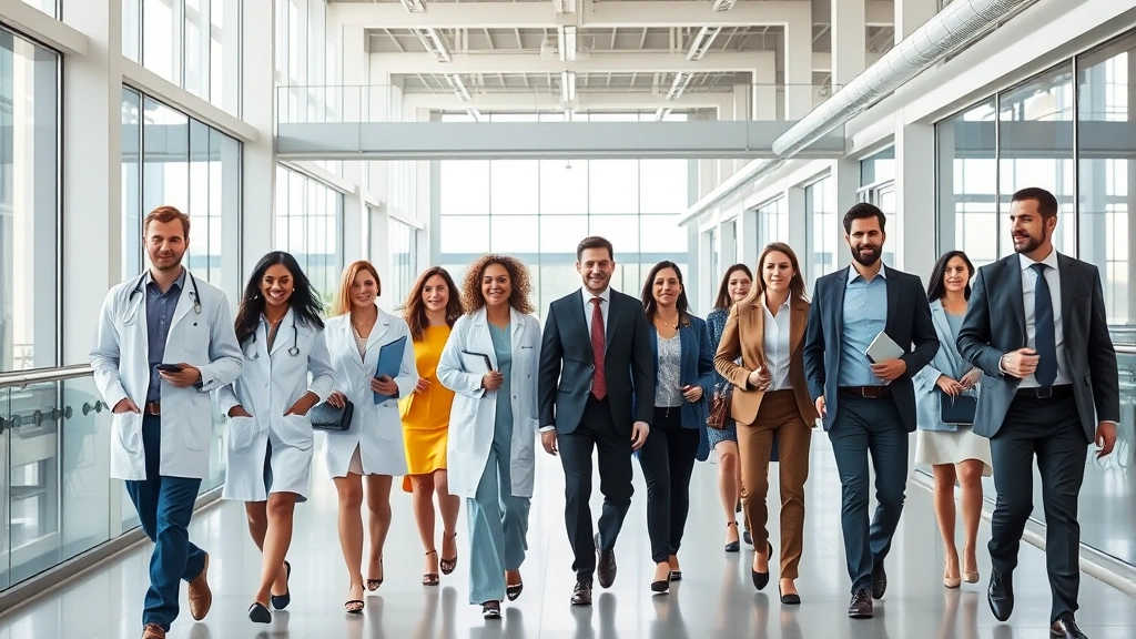 Diverse group of professionals in business attire walking through modern office building with high ceilings and natural light, representing healthcare, tech, and business sectors in collaborative environment
