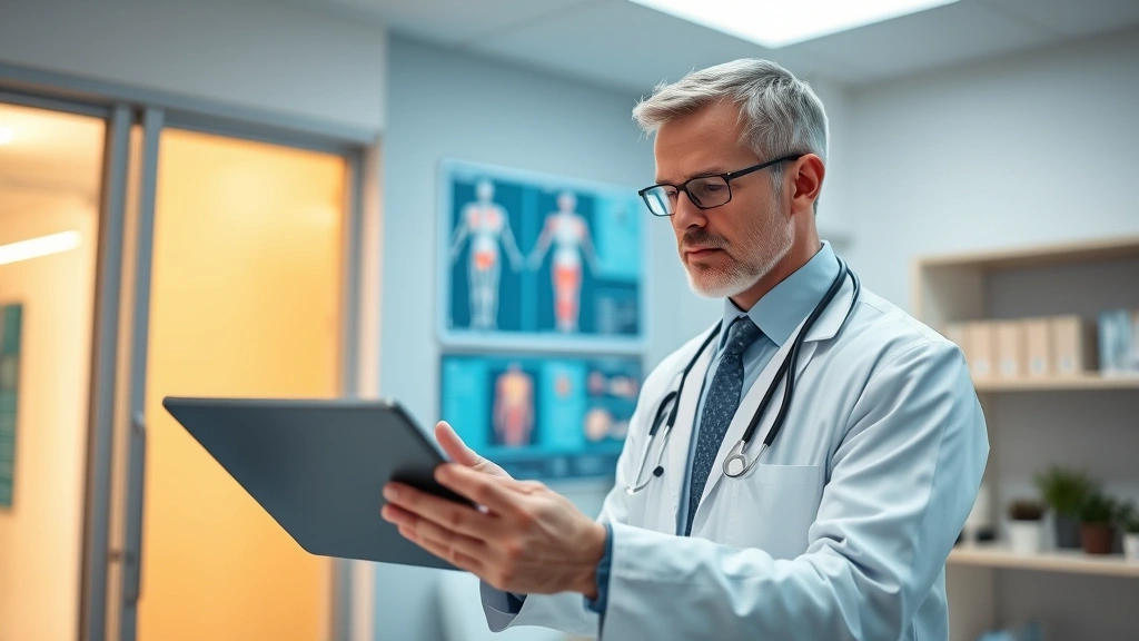 Professional healthcare worker using digital tablet to review patient musculoskeletal health data in modern clinic setting with warm lighting
