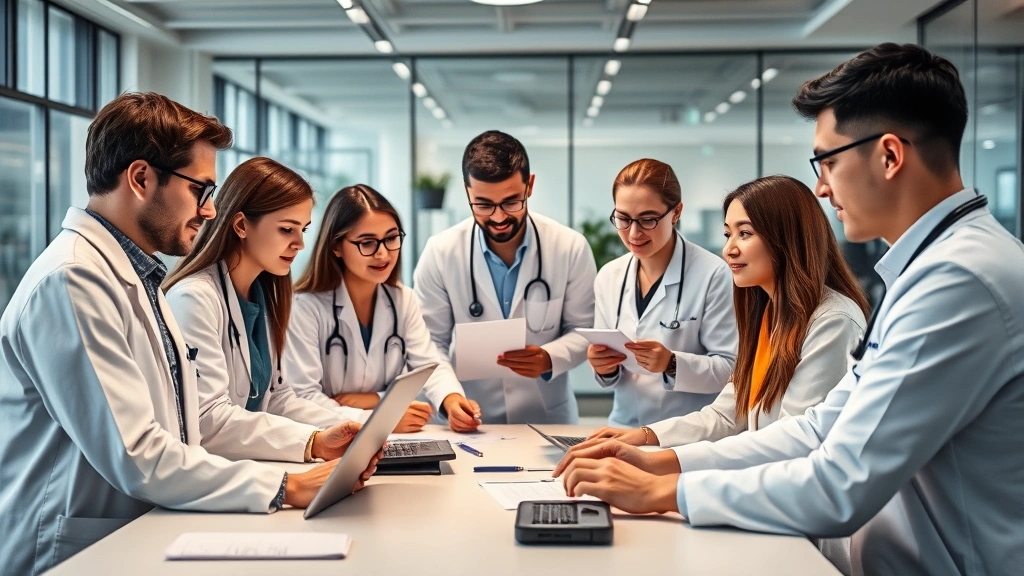 Diverse team of healthcare professionals and engineers collaborating around digital health technology platform in contemporary office environment