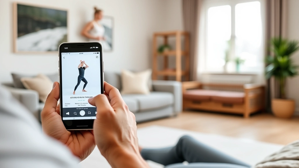 Patient using smartphone app for guided physical therapy exercises at home with comfortable modern living room background and natural window light