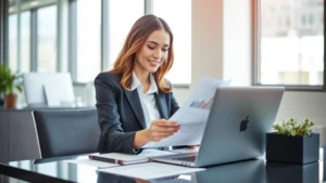 Professional woman in business attire reviewing financial documents at modern desk with laptop, confident expression, natural office lighting, natural daylight from window