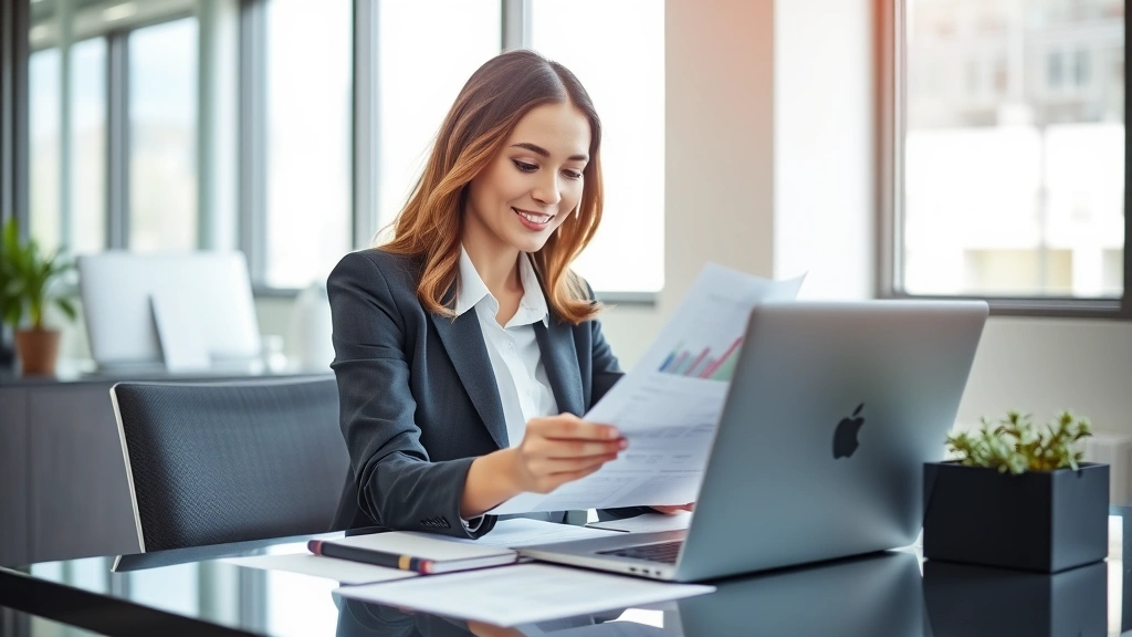 Professional woman in business attire reviewing financial documents at modern desk with laptop, confident expression, natural office lighting, natural daylight from window