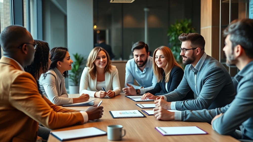 Diverse group of professionals in casual business clothing discussing investment strategy around conference table with notebooks, warm collaborative atmosphere, modern office setting