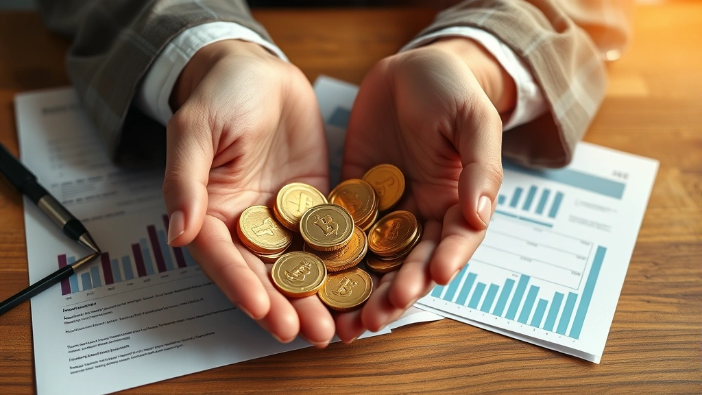 Close-up of hands holding gold coins and financial documents on wooden desk, representing wealth accumulation and financial security, warm lighting, professional composition