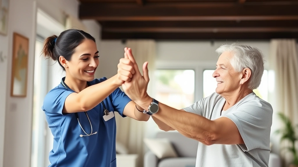 Professional home health nurse in scrubs assisting elderly patient with mobility exercises in bright, modern home setting with natural lighting