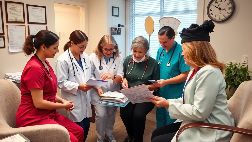 Diverse team of healthcare professionals including nurses, aides, and therapists reviewing patient charts and collaborating in home health agency office environment