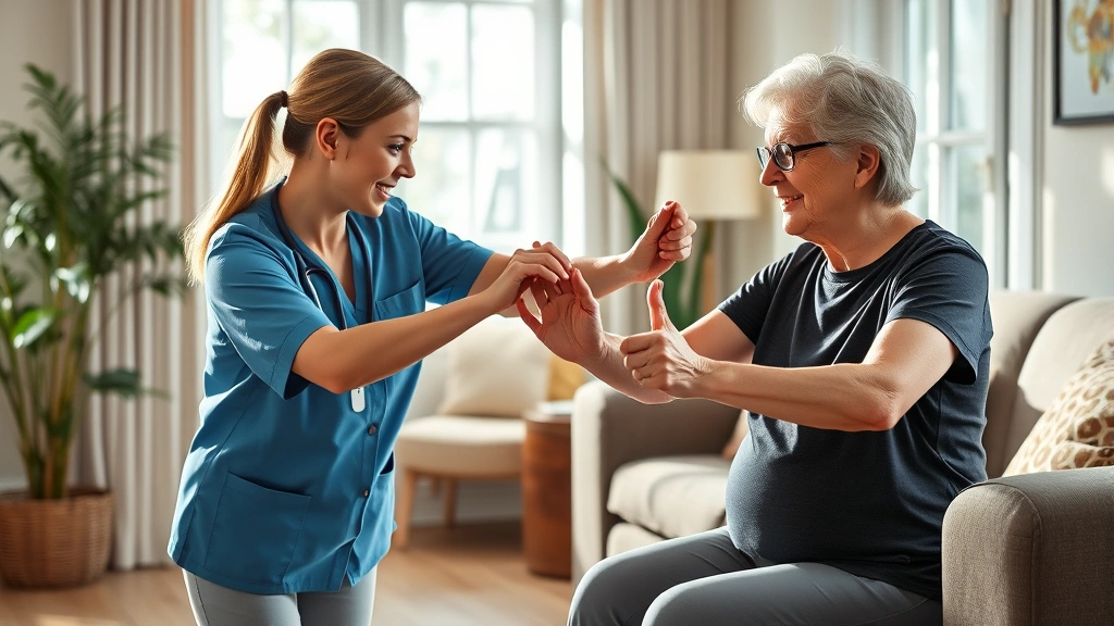 Professional female home health aide assisting elderly patient with physical therapy exercises in bright, comfortable living room setting, genuine warm interaction, natural lighting from windows