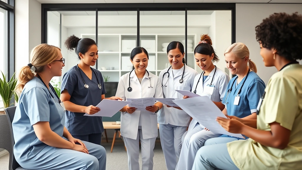 Diverse team of home health professionals in scrubs having collaborative meeting in modern office, reviewing patient charts and care plans, professional healthcare environment