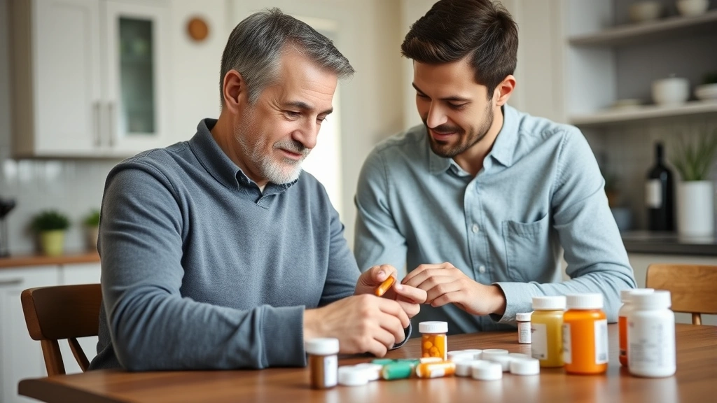 Male caregiver helping senior patient with medication management at kitchen table, organized medication containers visible, caring supportive interaction, natural home environment
