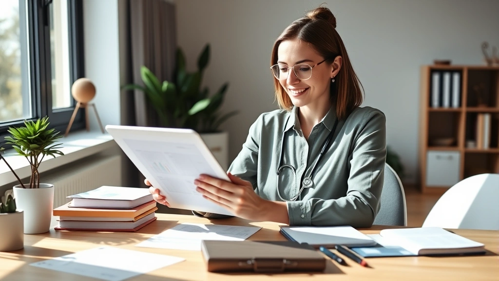 Professional woman reviewing healthcare documents on tablet in modern home office, organized desk with financial planning materials, natural lighting from window, confident expression, modern minimalist workspace