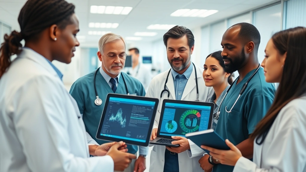 Diverse group of healthcare professionals in clinical setting reviewing patient data on digital screens, collaborative discussion, modern medical facility background, professional attire, focused engagement