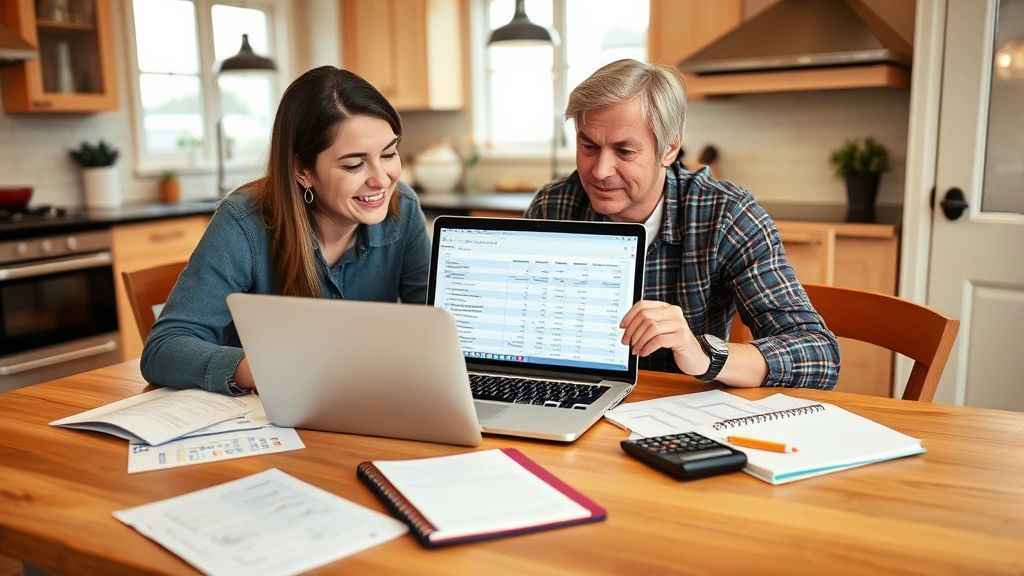 Couple reviewing household budget spreadsheet on laptop at kitchen table with notebook and calculator, discussing financial planning, warm home environment, strategic planning session, organized paperwork visible