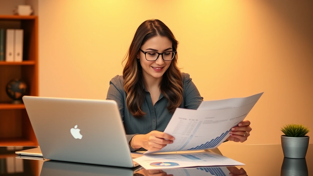 Professional woman reviewing financial documents and investment portfolio at modern desk with laptop, warm office lighting, confident expression, papers with growth charts