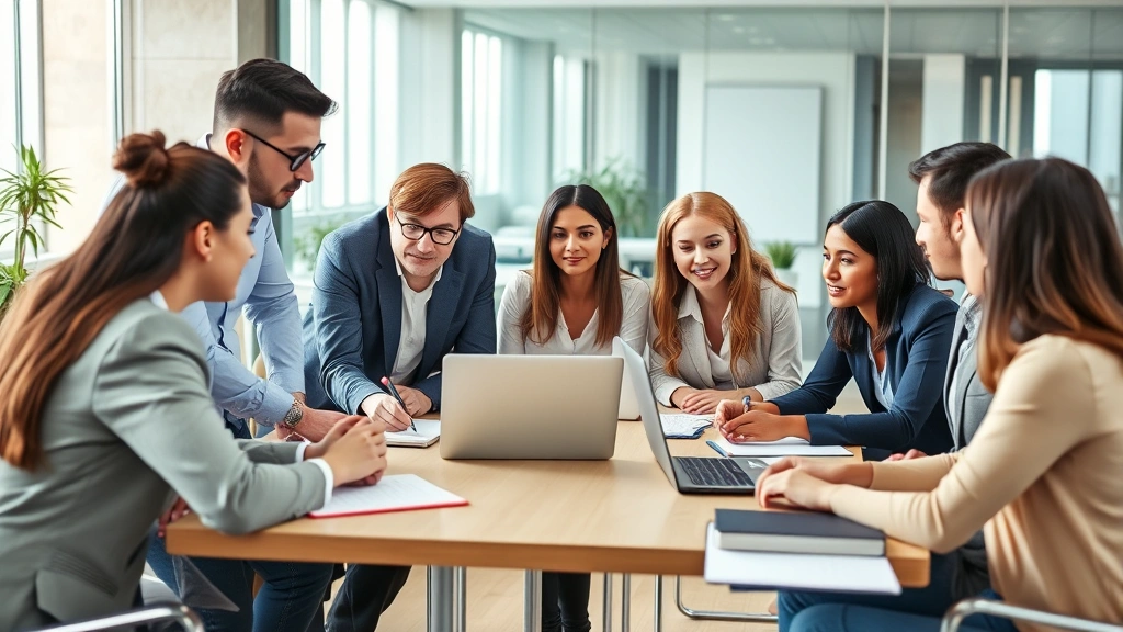 Diverse group of professionals in business casual attire collaborating around table with laptops and notebooks, modern office setting, natural daylight, engaged conversation