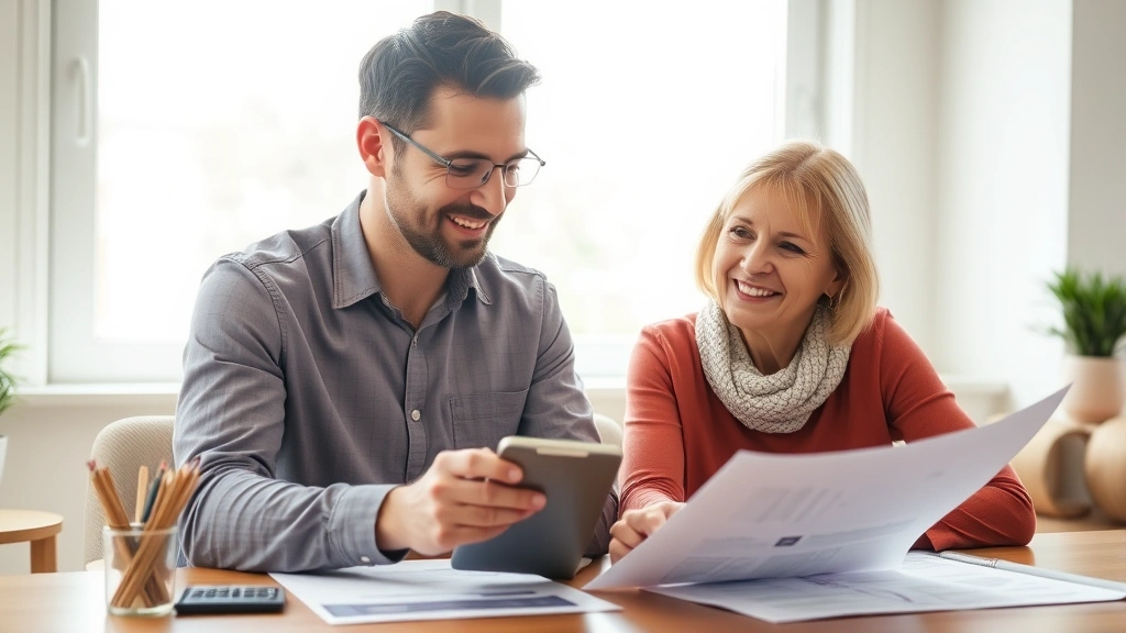 Young couple reviewing retirement and investment plans with calculator and financial documents on home desk, natural window lighting, focused and optimistic expressions