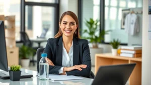 Professional woman in business attire sitting in modern medical office, smiling confidently at desk with healthy lifestyle items like water bottle and fresh fruit visible, natural lighting from windows, warm welcoming healthcare environment