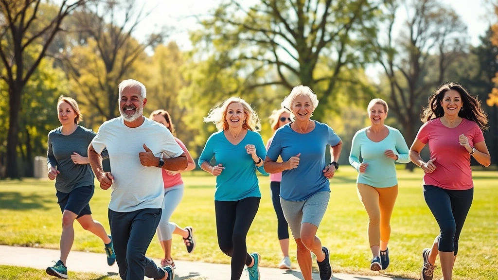 Diverse group of adults exercising outdoors in park, jogging and walking together, sunny day, trees in background, people of different ages showing active healthy lifestyles, genuine smiles and energy, community wellness atmosphere
