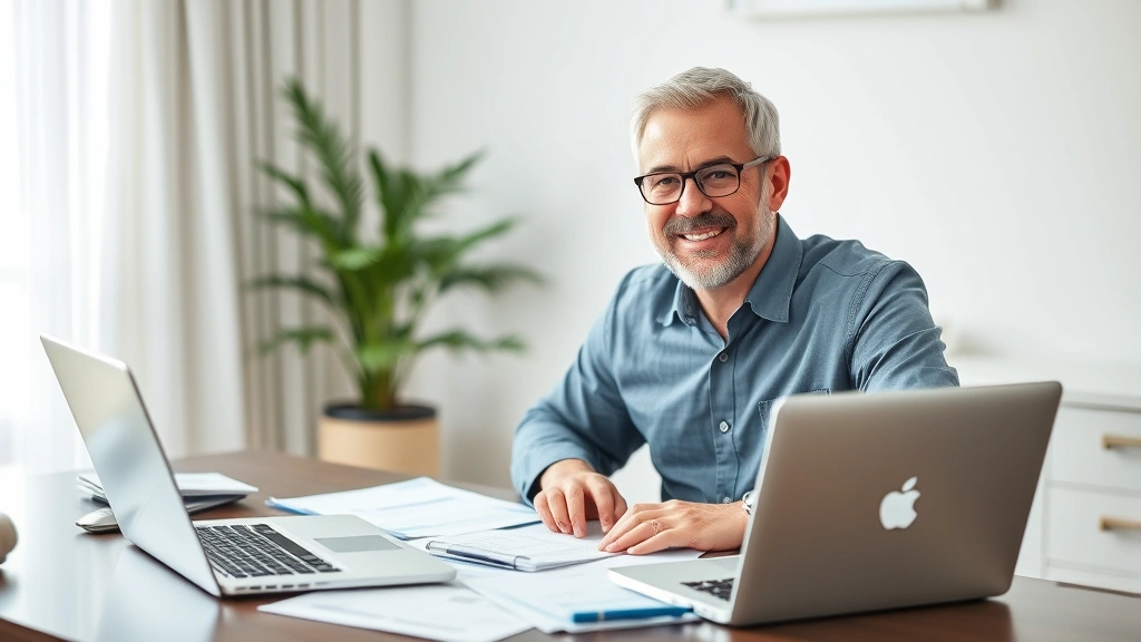 Successful middle-aged professional at desk with laptop, documents, and financial planning materials, looking focused and healthy, home office or modern workplace setting, natural lighting, representing wealth building and financial security