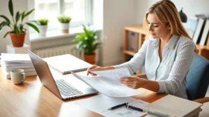 Professional woman reviewing health insurance documents at home office desk with laptop and coffee, natural lighting, organized paperwork visible