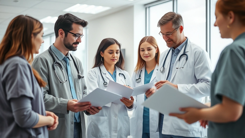 Diverse group of healthcare workers in medical facility consulting about patient records, collaborative discussion, modern clinic setting