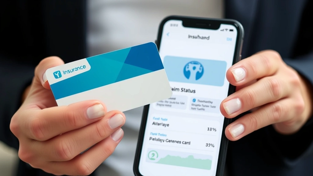 Close-up of hands holding insurance card and smartphone showing health app dashboard with claim status information, modern design