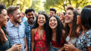 A diverse group of people laughing together at an outdoor gathering, showing genuine joy and social connection, warm natural lighting, candid moment capturing authentic happiness and community bonding