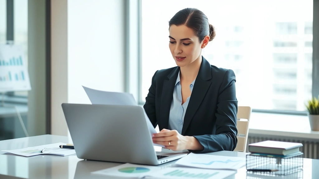 Professional woman in business attire reviewing financial documents at modern desk with laptop, natural lighting from window, confident expression, organized workspace with charts and graphs visible